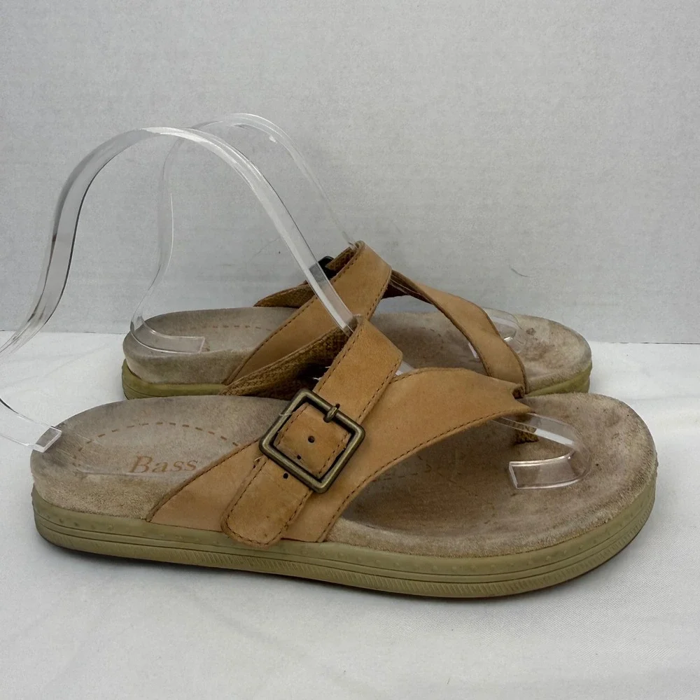 GH Bass Tan Leather Toe Loop Slide Sandals Buckle Strap Womens 6M 4235-260